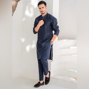 Men's Embroidered Navy Blue Kurta 2pc Set